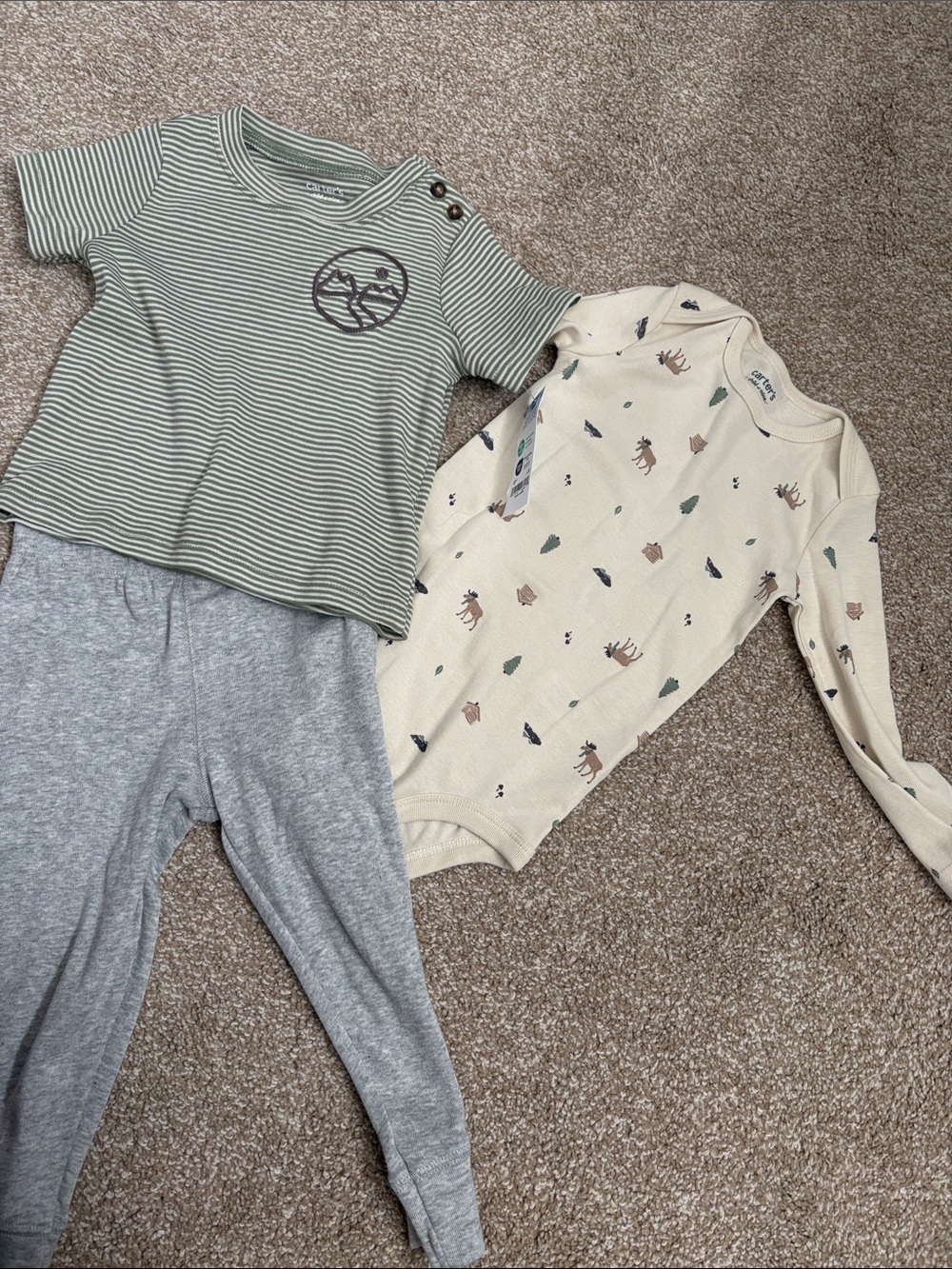 child of mine Green Stripe Top & Cream Moose Pajama Set with Gray Pants 3 pc set